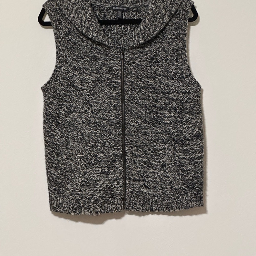 EIILEEN FISHER Sweater Vest Womens Medium Merino Wool Yak Black Gray Zip Pockets
